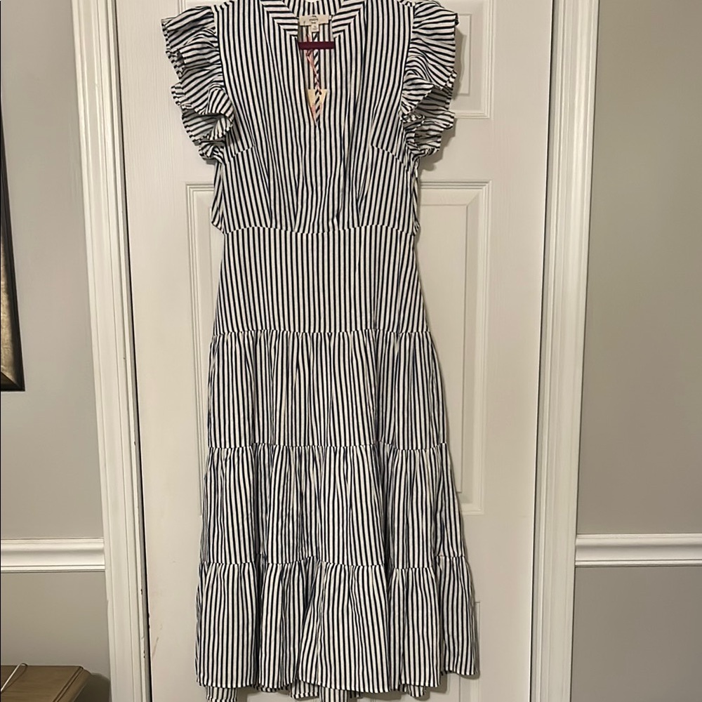 Entro Maxi Dress - Blue & White Striped Ruffle Sleeves
